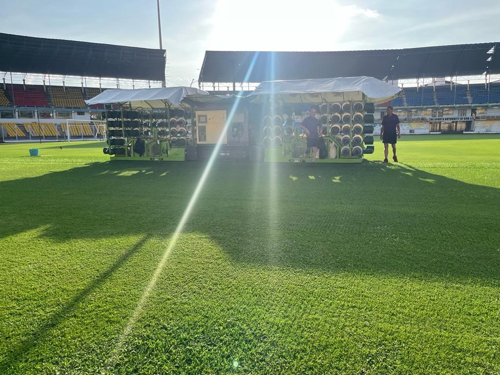SISPitches's tweet photo. We're proud to be part of the pitch team bringing the first fully stitched pitch to Indian football for the FIFA Women’s U17 World Cup #SISGrass https://t.co/eB64Oi4e5c