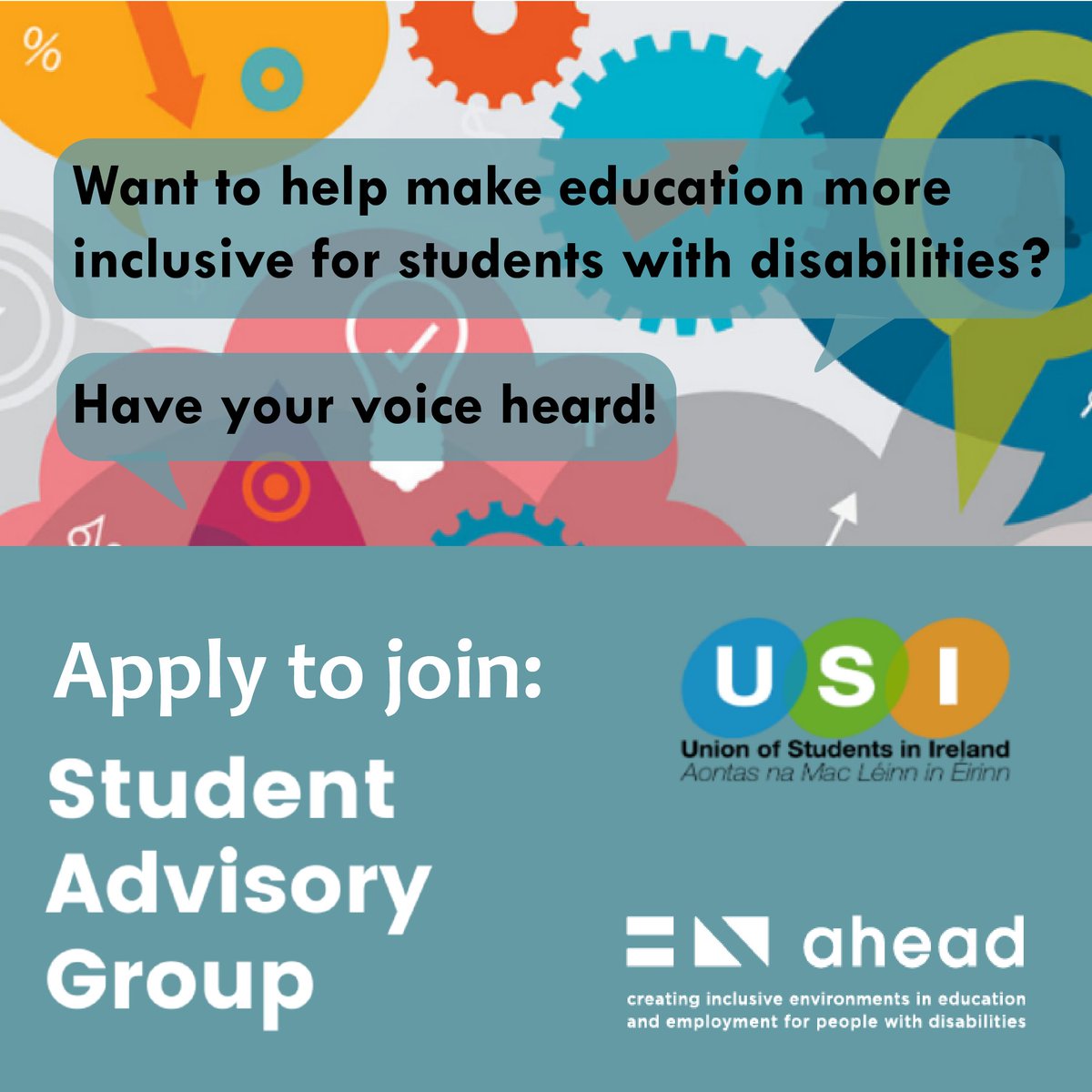 Calling students w/ disabilities in #FET &amp; #HE. AHEAD &amp; @TheUSI
 are looking for applications to join new Disabled Student Advisory Group. Shape the national conversation about inclusion &amp; #UDL, meet like minded peers &amp; it looks great on a CV.  More info - buff.ly/3R8hszW