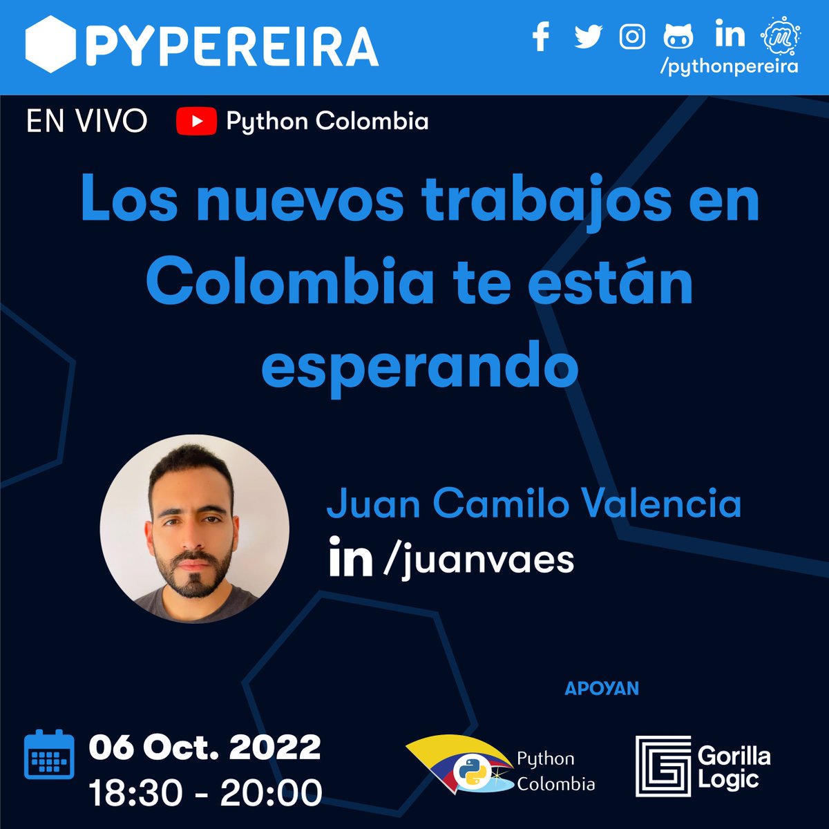pythonpereira's tweet image. 📣 Queremos invitarlos a nuestro meetup virtual de Octubre, tendremos premios 🎁🐍💻:
👉 Los nuevos trabajos en Colombia te están esperando. Por Juan Camilo Valencia
👉 Inscripciones: bit.ly/pypereira-oct
Agradecemos a nuestro patrocinador
@gorillalogic💙