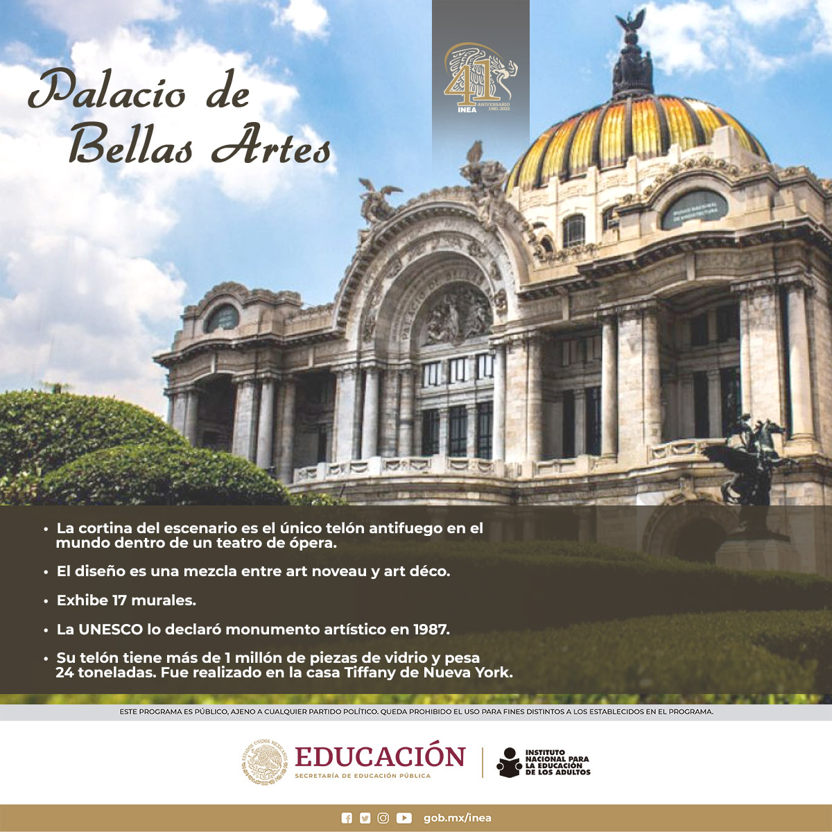 INEAmx's tweet photo. ➡️¿Sabías que la construcción del Palacio de Bellas Artes duró más de 30 años? 

Hoy se cumplen 88 años desde su inauguración, #UnDíaComoHoy de 1934. 🎉🎉

Conoce algunos datos importantes 👇🏻 https://t.co/BL1QC32VZ0