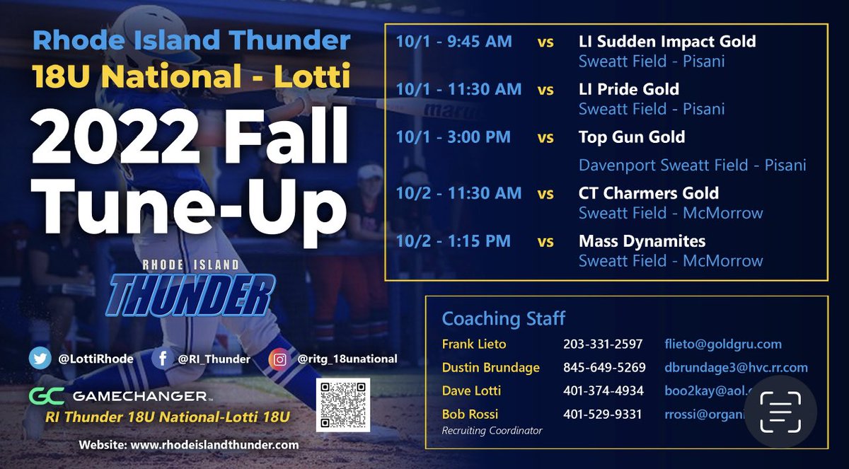 LottiRhode's tweet photo. Our journey begins this weekend with the @ritgshowcases RITG Tune-Up!  All games live-streamed on Gamechanger! @GCsports @Frank_Lieto @dustinb120 @thunderjam134 @BobRossiRITG https://t.co/dLFQZRtTdD