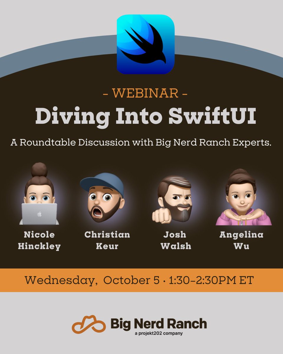 bignerdranch's tweet image. If you’re interested in getting started or expanding your knowledge of SwiftUI, join us for our live webinar on Wednesday, October 5 from 1:30–2:30PM ET. 

Register: bit.ly/3R6zXod

#BigNerdRanch #SwiftUI #iOSDevelopment