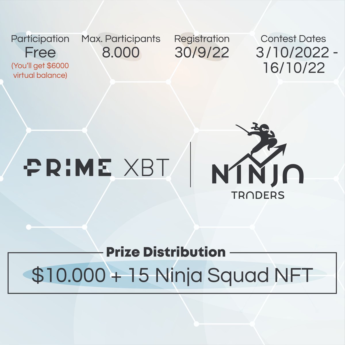 🤝 @PrimeXBT x Ninja Traders 🤝 We're here to present you a TRADE competition for the bear market!🐻 - You don't need to deposit any assets to enter the contest - Each participant will receive a $6K virtual balance for trading Details⤵️