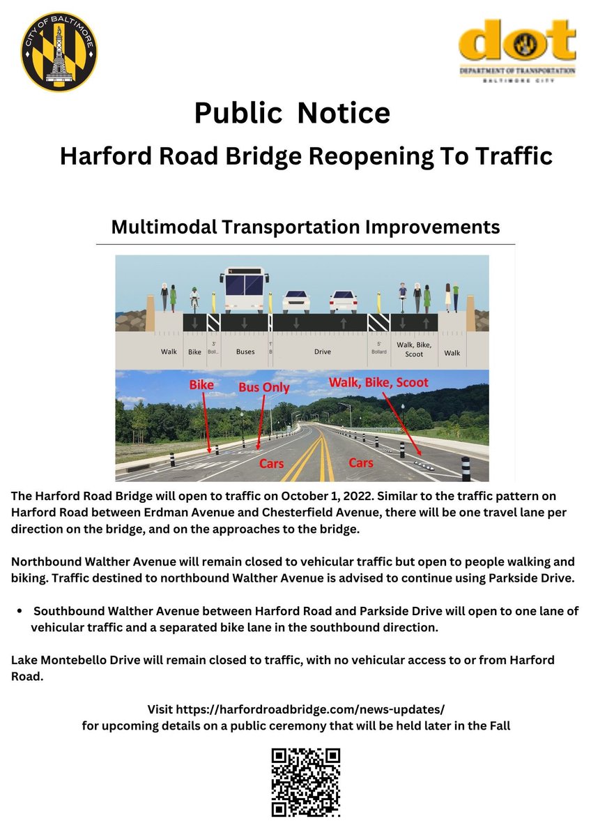 BmoreCityDOT's tweet photo. Harford Road Bridge 
Reopening To Traffic!

The Harford Road Bridge will open to traffic on October 1, 2022. Visit https://t.co/2cHHzRbjFf for additional details. A public ceremony will be held later in the Fall. https://t.co/fB0pS1CU93