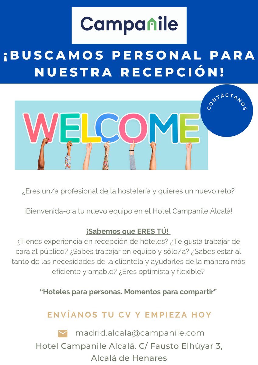 ¿Sabías que normalmente se encuentra trabajo, no por un contacto directo sino por un contacto de un contacto? ¿Y si ese contacto de contacto fueras tú? ¿Y si retwitteamos?

#ofertalaboral #ofertalaboralalcala #job #trabajohosteleria #buscamosrecepcionista