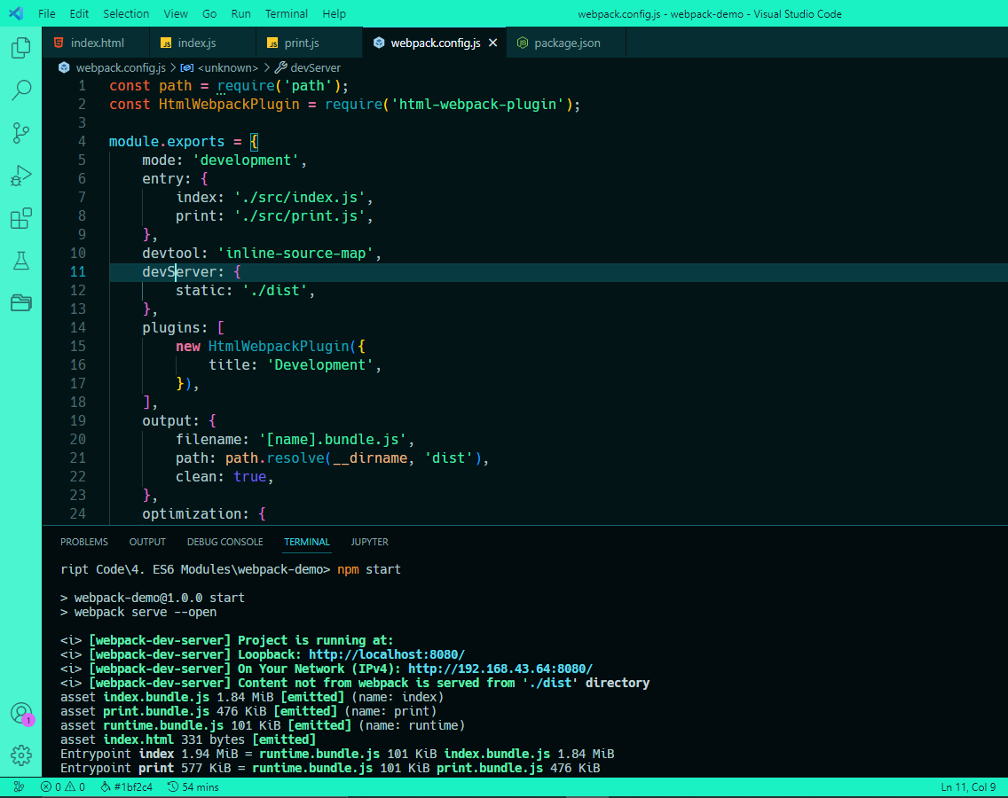 QueueElTee's tweet photo. Day 61 - 62:

🔶 ORGANIZING JAVASCRIPT CODE → Learnt About:
🔹Asset management in webpack.
🔹Tracking errors in bundled source code.

#TheOdinProject #100DaysOfCode #javascript https://t.co/vHEK6o70pY