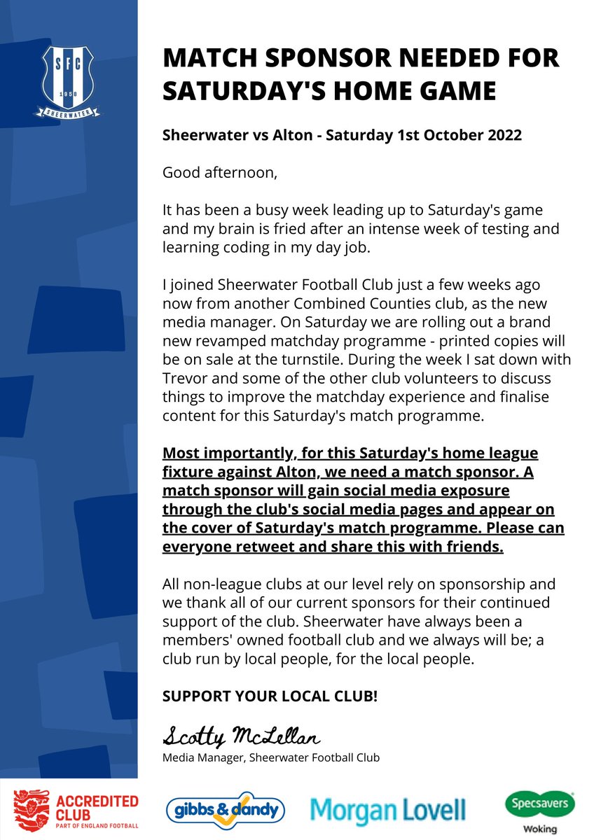 *MATCH SPONSOR NEEDED*  We are looking for a match sponsor for Saturday's Combined Counties League game at home to <a href="/alton_fc/">Alton FC</a>. Cost is £50. Your company will gain social media exposure through our social media pages and appear on the front cover of Saturday's match programme.