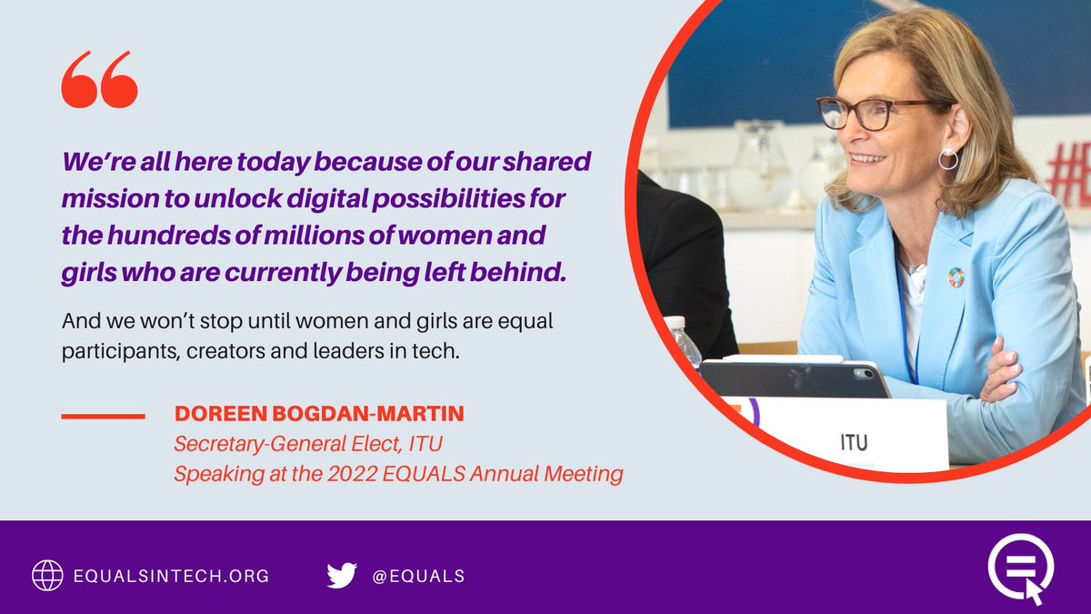 equals's tweet photo. .@ITU member states made history by electing @DoreenBogdan as its first woman leader - one glass ceiling broken for #WomeninTech! As a co-founder of  EQUALS, and in all her work, the Secretary-General Elect offers unwavering support for #GenderEquality in the digital world. https://t.co/Ve00ZdwS24