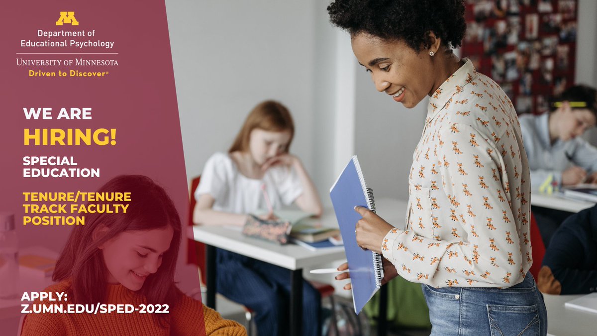 #SpecialEducation in #EdPsych <a href="/UMN_CEHD/">U of Minnesota CEHD</a> is hiring an open-rank tenure-track assistant or associate faculty member in the area of academic interventions in P-21 settings. Application review begins October 20. <a href="/UMN_Jobs/">UMN Jobs</a> 

Get more info, apply &amp; share: z.umn.edu/sped-2022