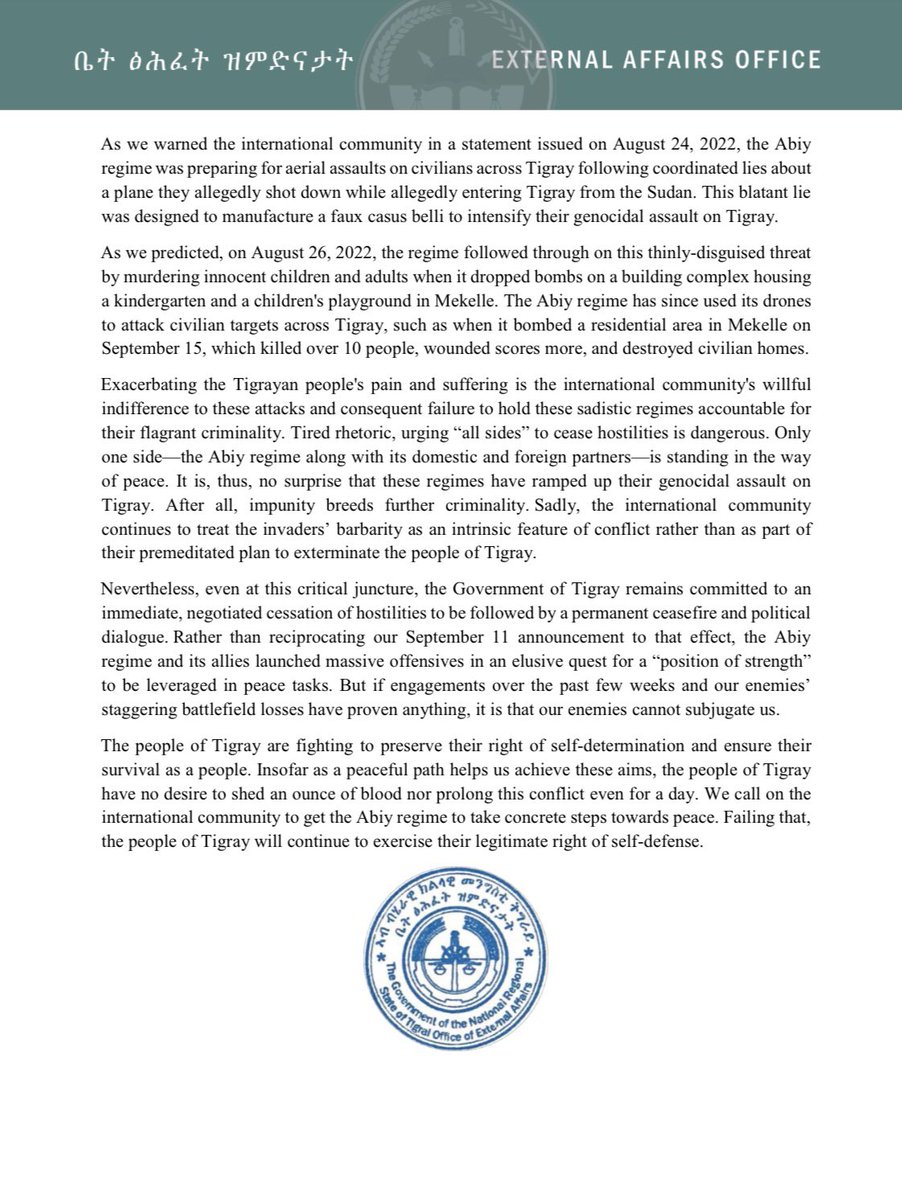 Tigrai_TV's tweet photo. Statement by TEAO
-
Statement says #Ethiopian and #Eritrean governments continue to terrorize civilians through aerial bombardments.
The international community"continues to treat barbarity as an intrinsic feature of conflict" than as a premeditated plan to exterminate #Tigrayans https://t.co/WjjeTvcTcK
