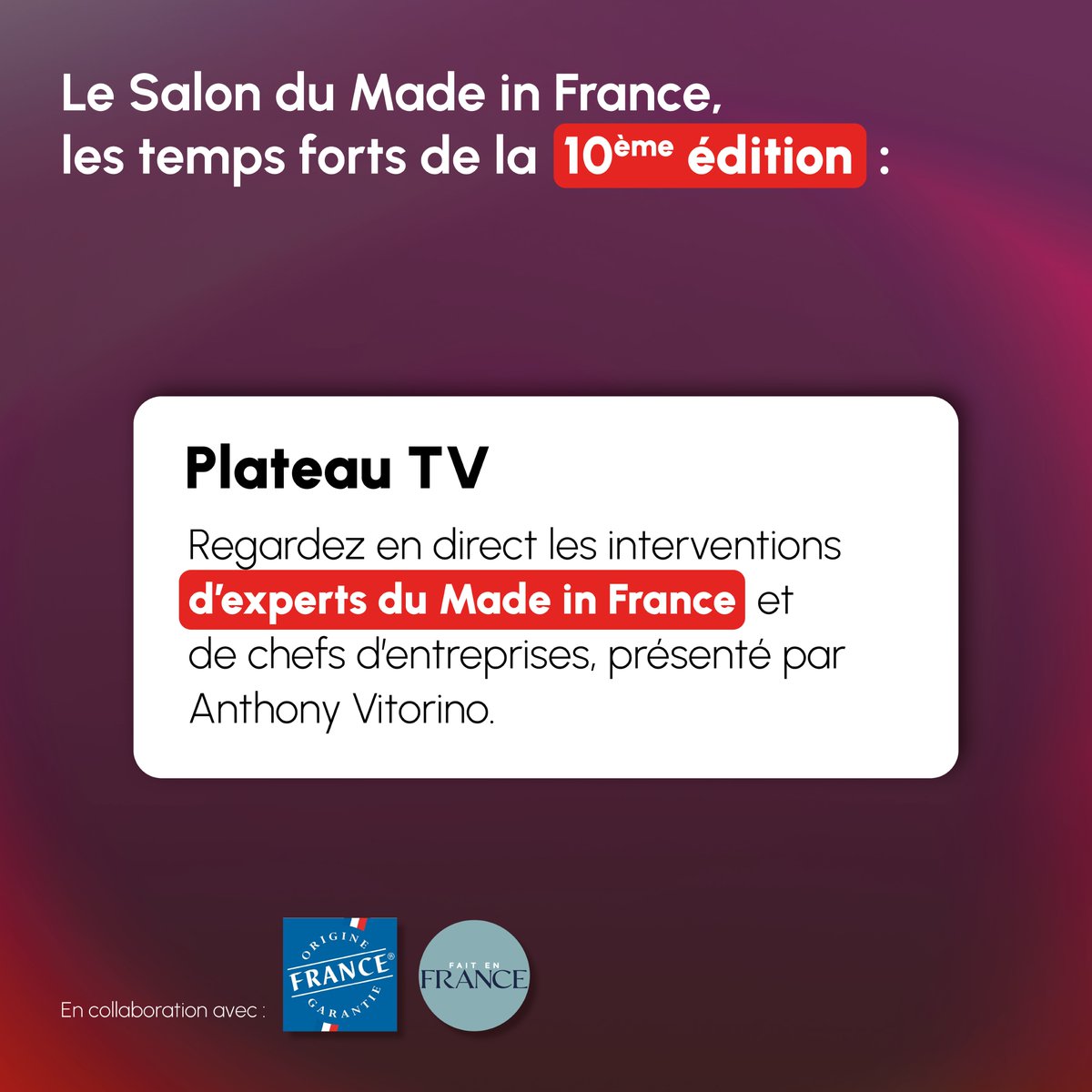LE SALON DU #MADEINFRANCE, LES TEMPS FORTS DE LA 10ÈME ÉDITION (PART.7) 🔥

Restez connectés pour découvrir les autres temps forts de l'édition à venir. Rendez-vous les 10, 11, 12 et 13 novembre à Paris, Porte de Versailles. Pré-inscription gratuite sur mifexpo.fr/espace-invitat…📮