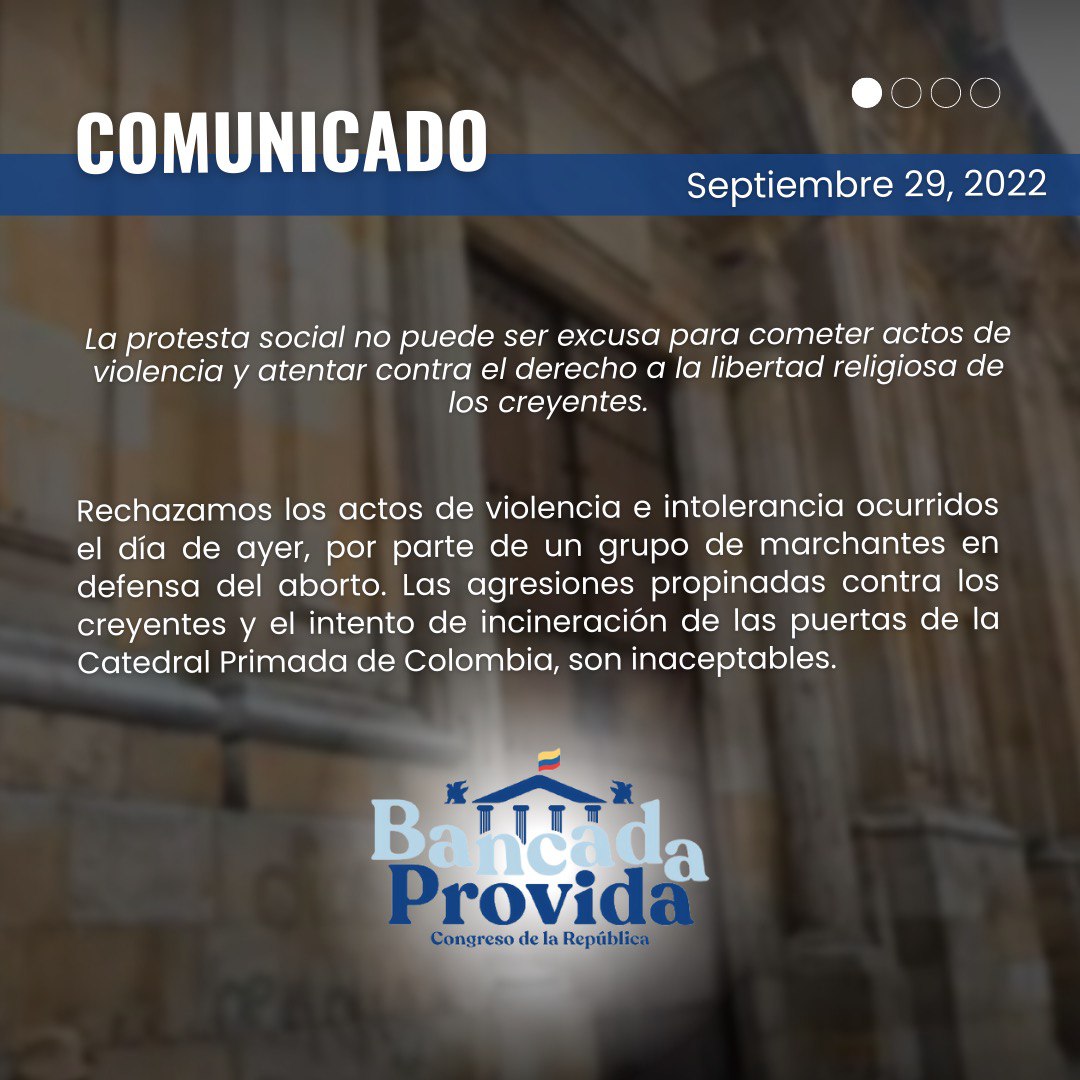 LuismLopezA's tweet photo. Comunicado Bancada Provida 📢:

La protesta social no puede ser excusa para cometer actos de violencia y atentar contra el derecho a la libertad religiosa de los creyentes.

#Vida #BancadaProvida #LibertadReligiosa https://t.co/dwzr6Cob6S
