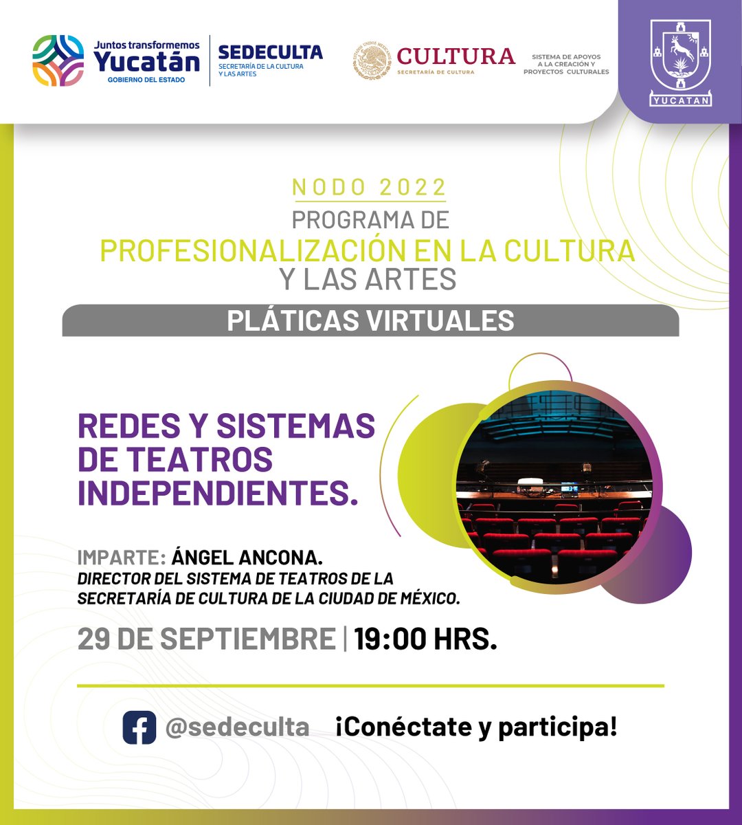 SedecultaYuc's tweet photo. ¡Hoy es #JuevesDeNodo   

Te invitamos a las #PláticasVirtuales del Programa de Profesionalización en la Cultura y las Artes, #Nodo2022. 

📌29 de septiembre
🕖19:00 horas
🔴Sigue la plática en esta red social. https://t.co/z3MFJ9Xbzr