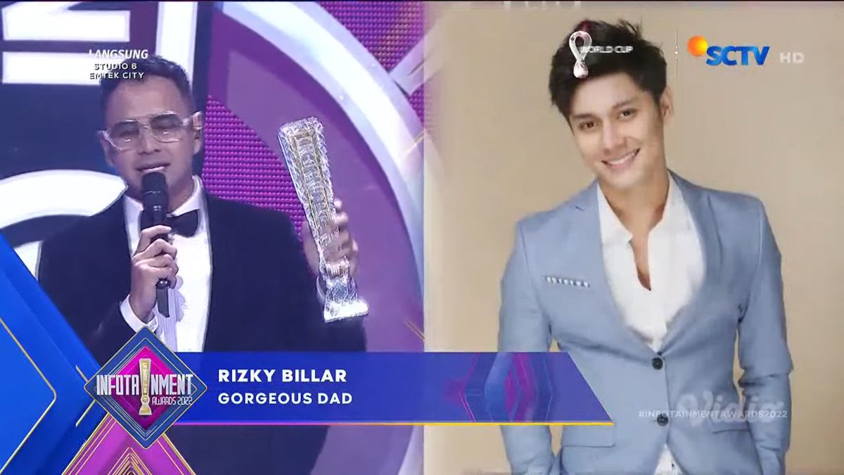 SCTV's tweet photo. Selamat kepada pemenang kategori Gorgeous Dad, Rizky Billar! Pengambilan piala diwakili oleh Raffi Ahmad🏆

#InfotainmentAwards2022 https://t.co/utt7sET9f8