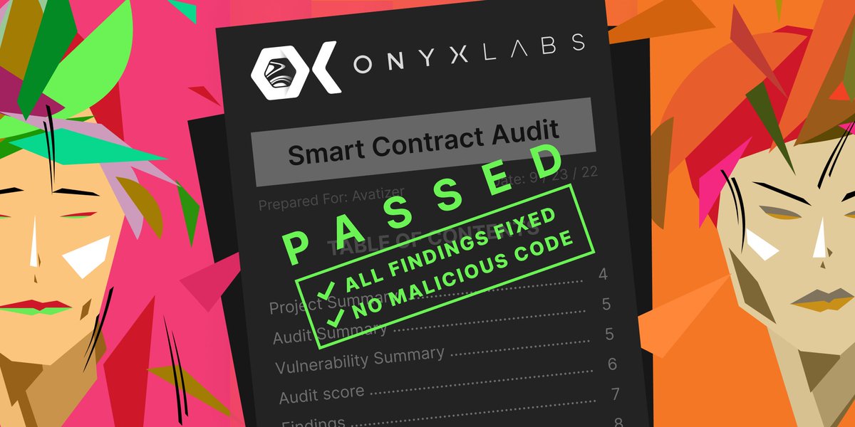 Avatizer On-Chain Generative Art Mint Pass (@avatizer_nft) on Twitter photo 💫 Avatizer: unique, amazing - and secure - #NFTart!
Our smart contract has just passed security audit from @White_Oak_Kong and 0nyx Labs 👍
🎉 Now we're with @PGodjira, @BBRCOfficial, <a href="/dysto_inc/">DYSTO INC.</a>, etc
Full report in Discord: discord.gg/avatizer
⬇️ Congrats are appreciated 💫 Avatizer: unique, amazing - and secure - #NFTart!
Our smart contract has just passed security audit from @White_Oak_Kong and 0nyx Labs 👍
🎉 Now we're with @PGodjira, @BBRCOfficial, <a href="/dysto_inc/">DYSTO INC.</a>, etc
Full report in Discord: discord.gg/avatizer
⬇️ Congrats are appreciated