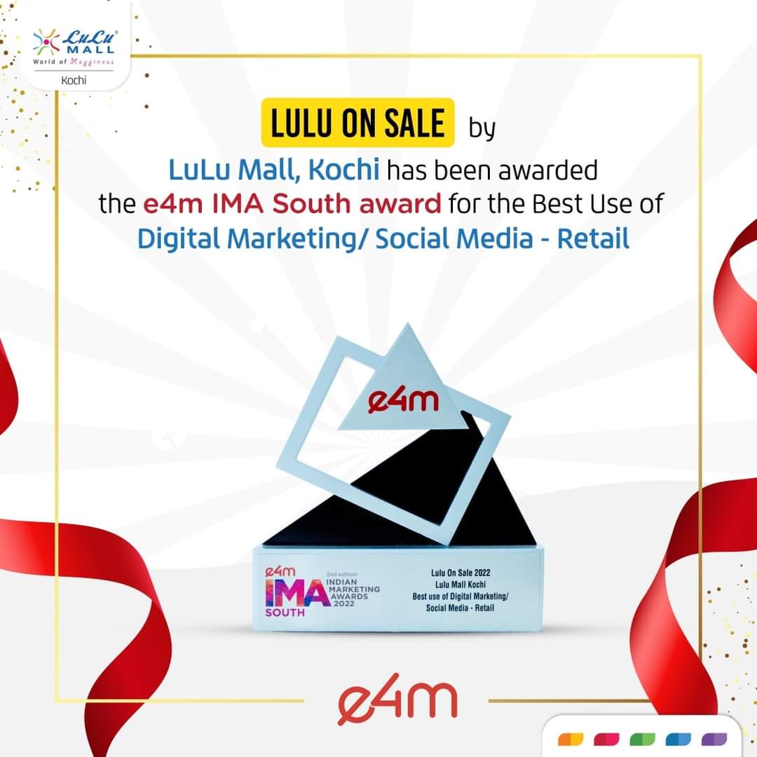 We are delighted to announce that #LuLuMallKochi has been bestowed with 2 accolades at the e4m #IndianMarketingAward2022 ! We thank #exchange4media and our beloved customers for all the love that they have shown for #LuLuOnSale2022 #LuLuMall #Shoppingmall #kochi #Awards