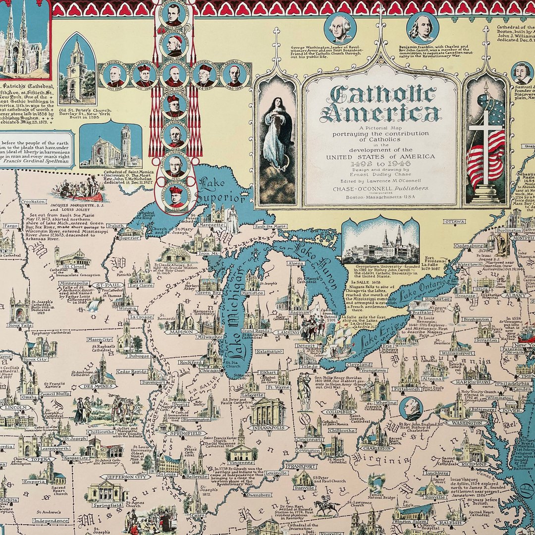 Oldimprints's tweet photo. Catholic America. A Pictorial Map portraying the contribution of Catholics in the development of the United States of America 1492 to 1946. An elaborate map by Ernest Dudley Chase incorporating Catholic iconography into its design, to beautiful effect. https://t.co/478aoftTw9