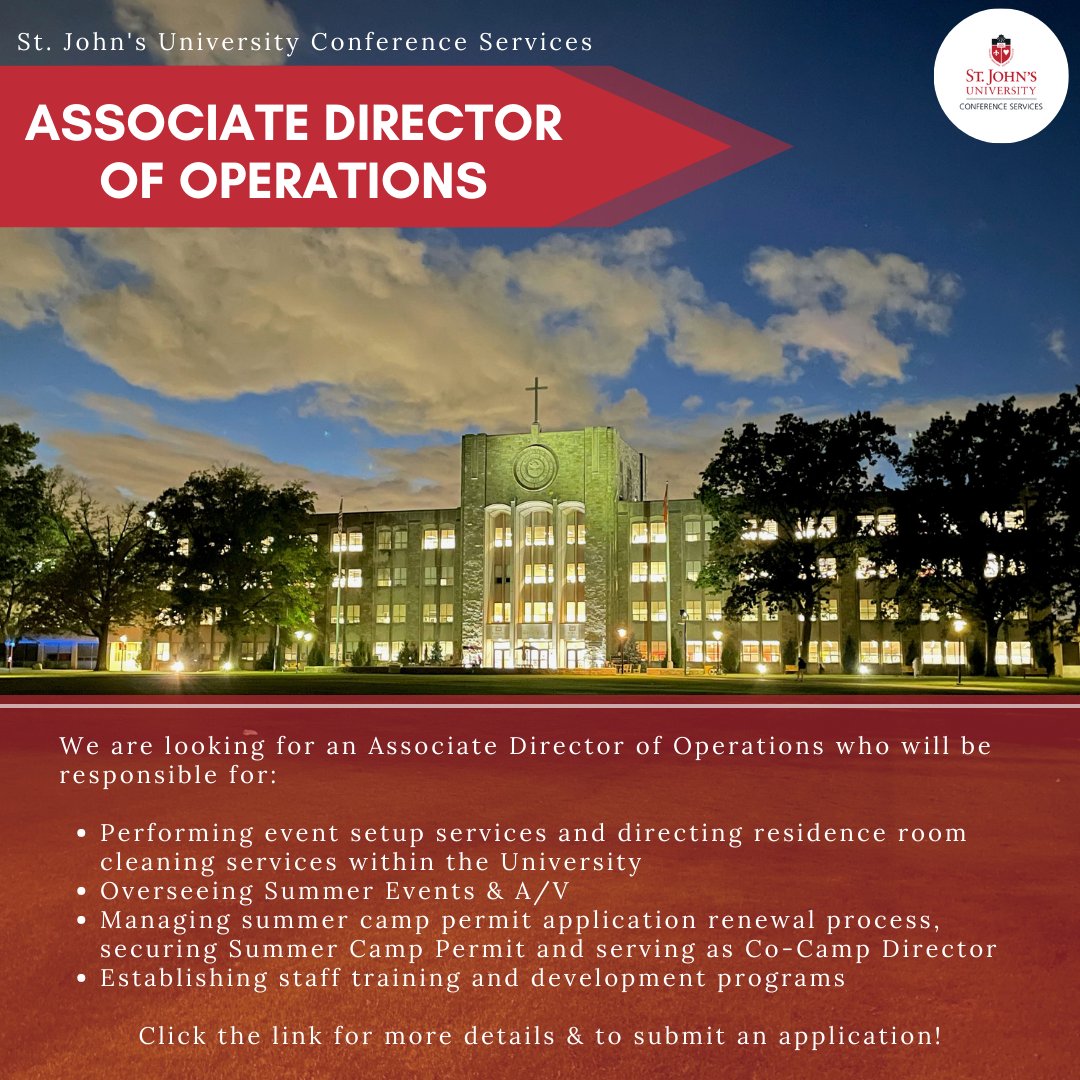 SJUConfServices's tweet photo. The Office of Conference Services is #hiring for our Associate Director of Operations position located on the Queens Campus. Click the link in our bio and search for "Associate Director of Operations" for more details and to apply today! https://t.co/2ofWPlAY2V