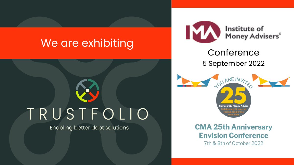 TrustfolioLtd's tweet photo. Our #DebtAdviser Support Portal COO Ryan Hayes will be exhibiting at the @CMA_MoneyAdvice 25th Anniversary Envision Conference #cmaconf22 on 7-8 October in Shrewsbury: https://t.co/zSMLxGq6SB
#debtadvice #moneyadvice #debtsolutions #fintech #debt https://t.co/p4NIJH0TLh