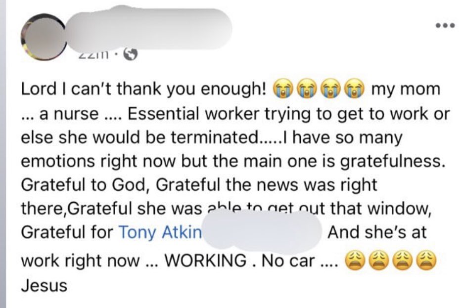 TonyAtkinsTV's tweet photo. ๐๐ฝ
Our woman from early this morning made it to work. Her job as a nurse hung in the balance, according to her daughter. I got this message from her daughter today! So glad things worked out. #NoCarNoProblem https://t.co/8yBHaGY8jI