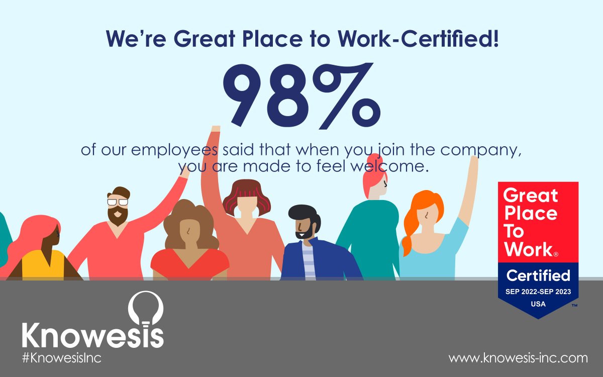 KnowesisInc's tweet photo. We couldn't be more proud! 

Feeling welcomed when they joined us is just the beginning of a great career experience for Knowesis staff!

Looking for a company that puts their employees first? Look no further: https://t.co/HsIpn0iGy0 

@KnowesisInc #HotJobs #GreatPlacetoWork https://t.co/rUl1a9bxIX