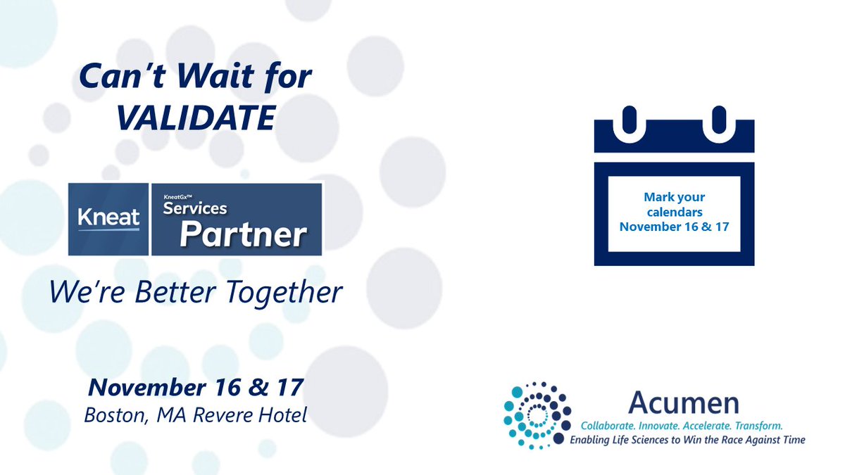 AcumenAnalytics's tweet photo. Fall is in the air &amp; #VALIDATE is on our calendars. Can't wait for Validate! @KneatSoftware we'll see you soon.
 
#eValidation #DigitalTransformation #Transform #Acumen #Kneat #BetterTogether https://t.co/nkibIyacT3