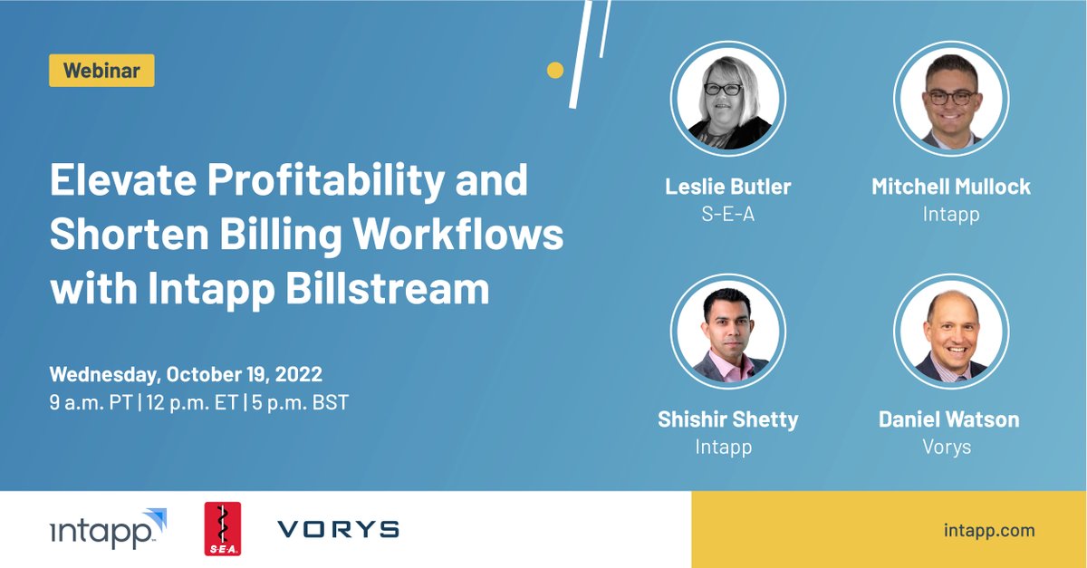 intapp's tweet image. On 10/19, speakers from @voryslaw,  @SEA_Engineering, and @intapp will discuss how #IntappBillstream works with #IntappTime to strengthen your firm&apos;s bottom line. Learn why Intapp Billstream should be on your firm&apos;s to-do list in 2023! bit.ly/3xT2iHR 

#LegalBilling