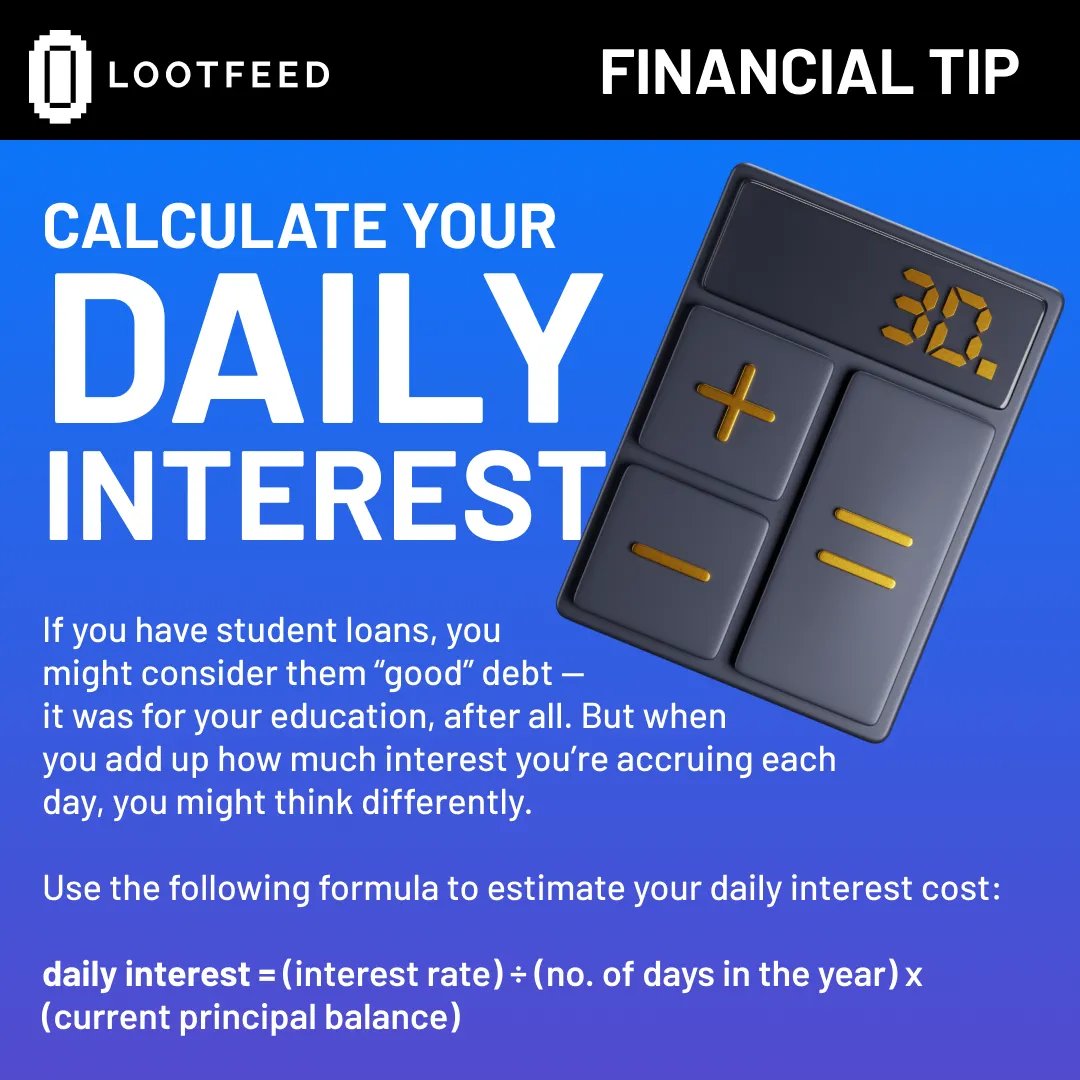 lootfeed's tweet photo. Calculate your daily interest - If you have student loans, you might consider them “good” debt — it was for your education, after all. But when you add up how much interest you’re accruing each day, you might think differently  #StudentDebt #studentloans #studentloandebt https://t.co/vIOUFaipOy