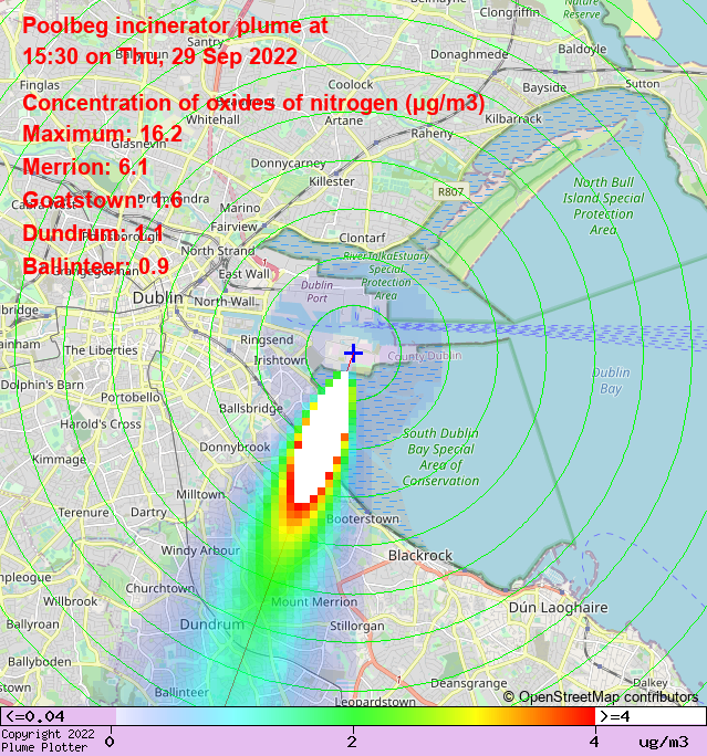 plumeplotter's tweet photo. Latest Poolbeg incinerator plume plot, 15:30 29/09/22 #Merrion #Goatstown #Dundrum https://t.co/poGzwju98h https://t.co/huah8xRAQa