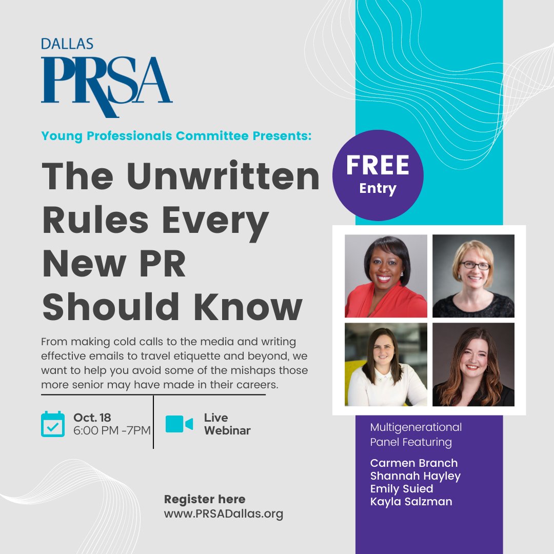 Join the PRSA Dallas Young Professionals for a candid conversation on some of the unwritten 'rules' every new PR pro should know. FREE for PRSA Dallas Members! Register today: prsadallas.org/meetinginfo.ph…