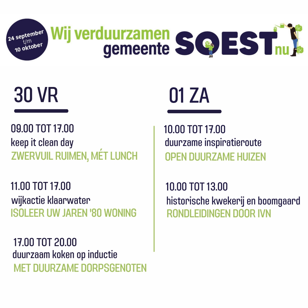 gemeentesoest's tweet photo. Maak er een heerlijk duurzaam weekend van! Er is genoeg te doen en te zien. Georganiseerd door enthousiaste dorpsgenoten. Doe mee, kijk op https://t.co/nJM6JqOhpJ. 

#zwerfvuil #keepitcleanday #openhuis #kokenopinductie #rondleidingen https://t.co/BqlIPjFNEU