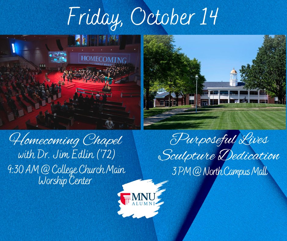 Kick off Homecoming Weekend with Chapel at 9:30 AM Friday, then continue the celebration at 3 PM on the Campus Mall for the Purposeful Lives Sculpture Dedication Ceremony. 
mnu.edu/homecoming 
#MNU #homecoming2022