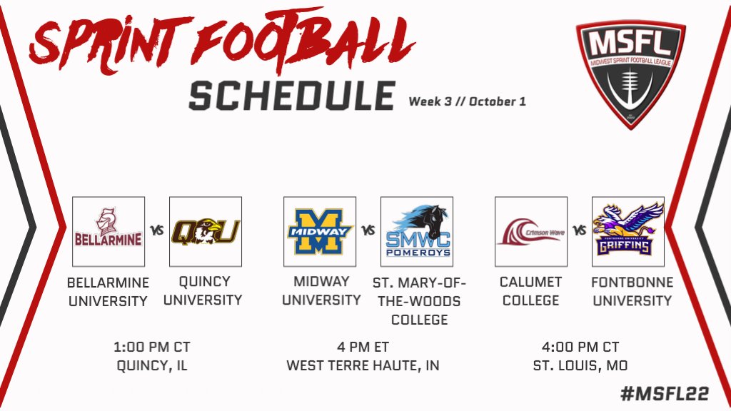 MidwestSFL's tweet photo. Week 3. Here we go
@BUKnightsFB at @QuSprintFB
@midway_sprint at @SMWCSprintFB
@CCSJsprint at @FontbonneSprint
#MSFL22 #SprintFootball https://t.co/yHkpNfX9u0