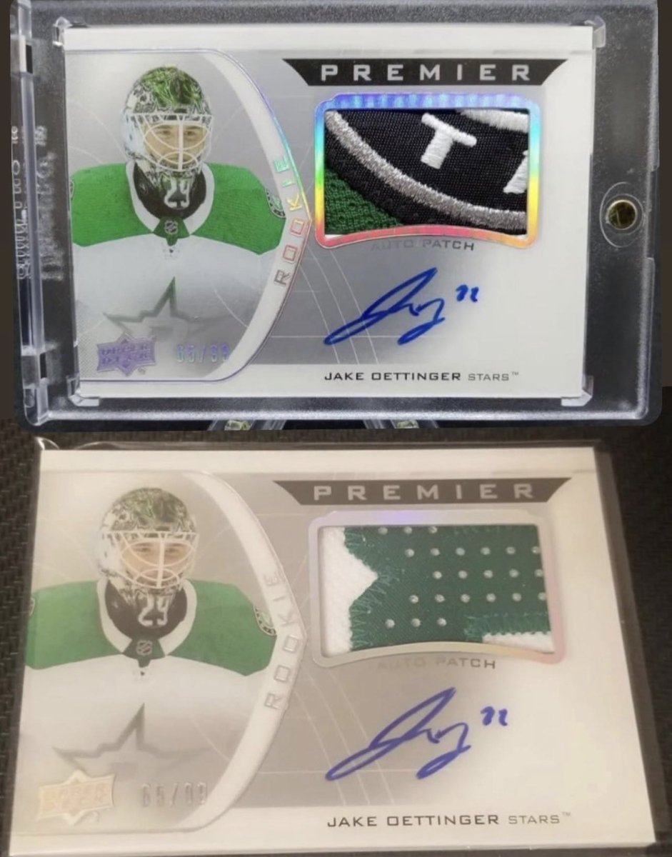 Gropman_Cards's tweet photo. I just wanted to increase visibility on this. These 3 cards have confirmed fake patches in them, shown here with the originals:
Oettinger Premier 65/99
Robinson Future Watch Patch 44/100, 57/100

Please RT so people can be made aware and not get screwed buying them https://t.co/Q9bNiT0FKj