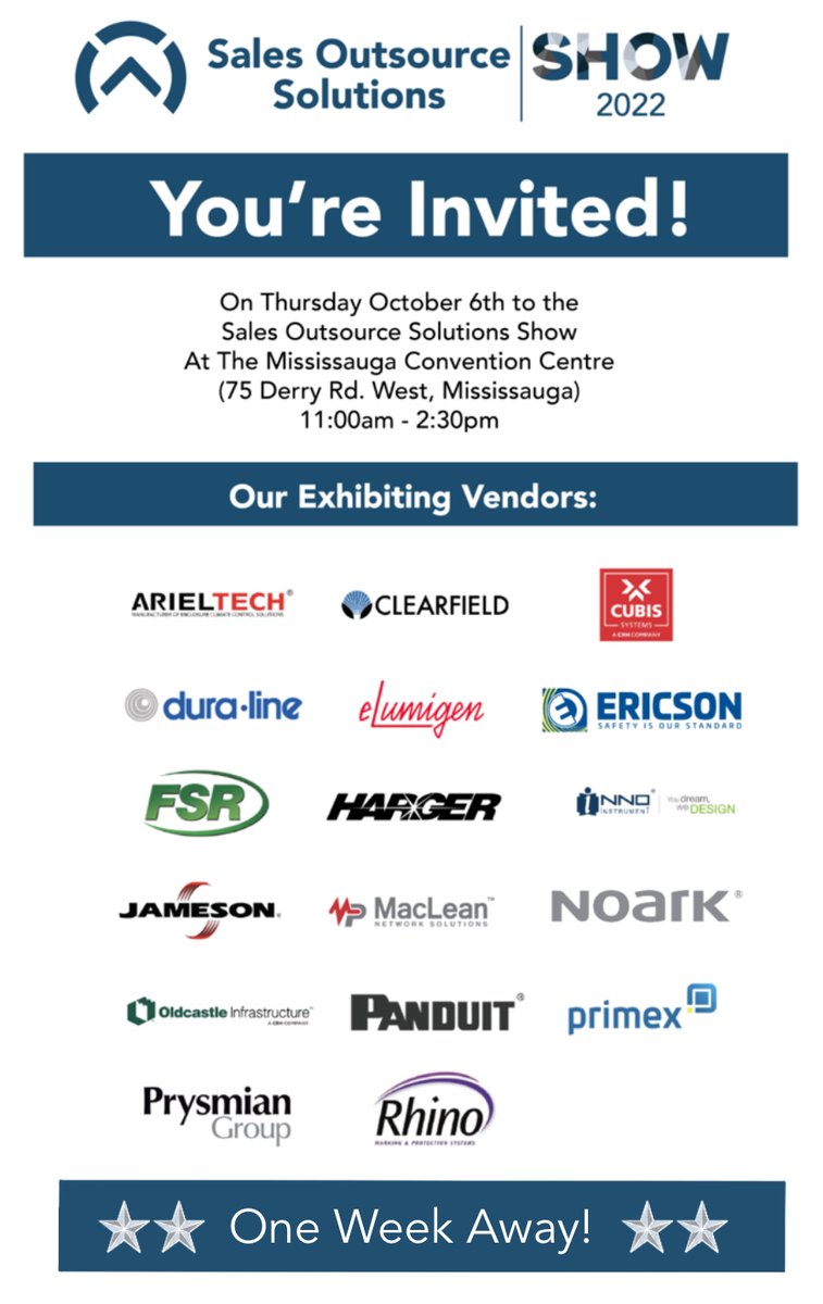 SalesOutsourceS's tweet photo. Only one week away from our show that will bring together all of our best-in-class vendors! We’d love to see you there, link to more info below: https://t.co/ph2yr02JTe https://t.co/yldHFVzX1q