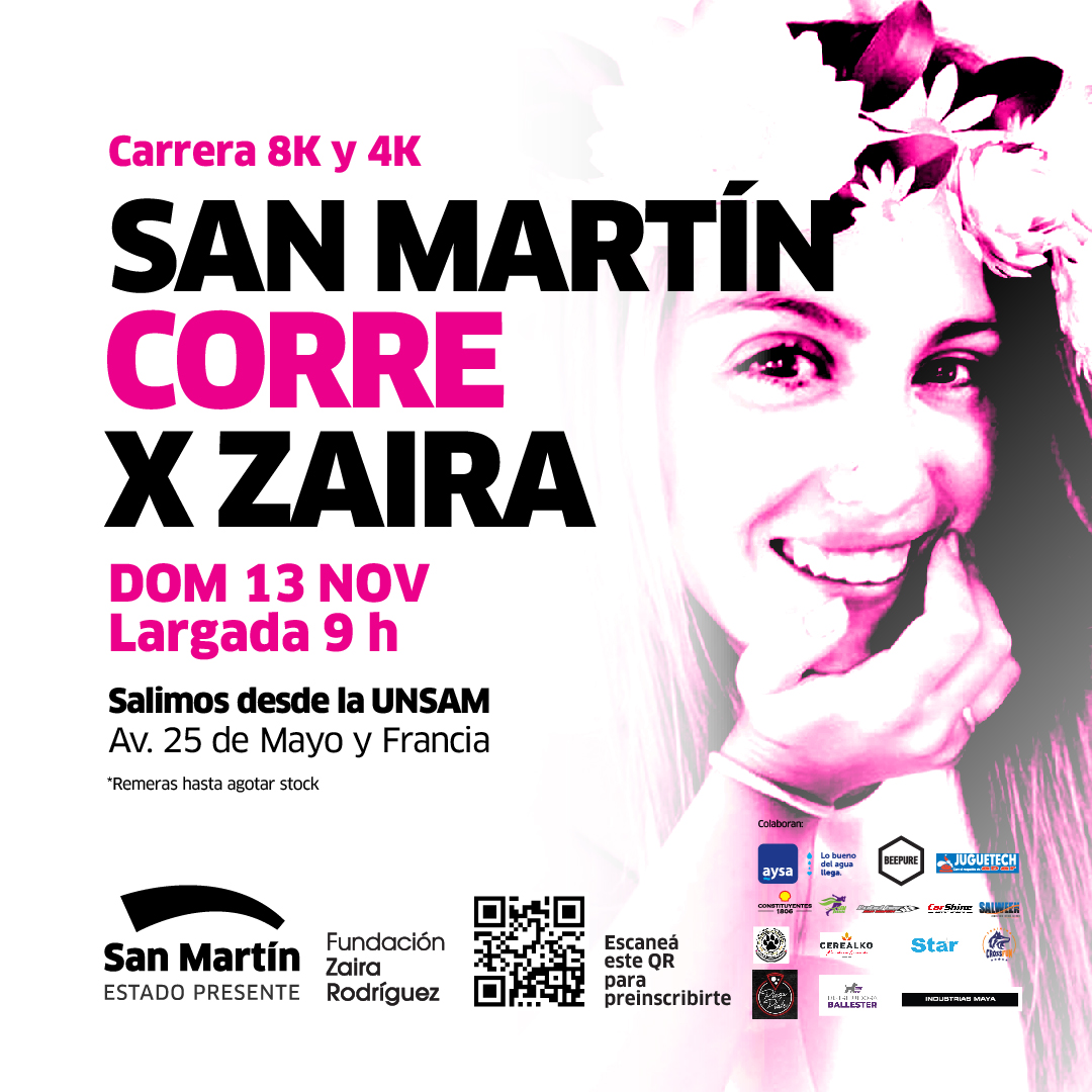 🏃🏻‍♀️🏃🏻El 13 de noviembre, se viene #SanMartínCorrePorZaira. ¡Sumate! 

📍Podés participar de las carreras de 8K o 4k. Salimos desde la UNSAM, en Av. 25 de Mayo y Francia.  

❤️No te olvides de colaborar con un alimento no perecedero.

📲Inscribite: bit.ly/3DAmxhe
