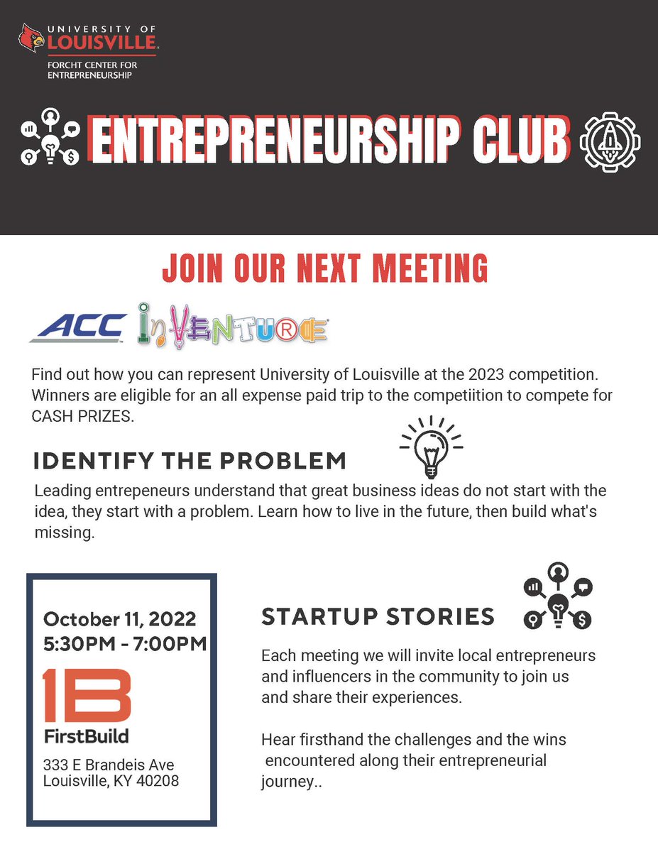 ForForcht's tweet image. Attention all UofL student-entrepreneurs!  Join us at our next club meeting as we discuss how to prepare a venture pitch.  Oct. 11, 5:30-7PM at FirstBuild