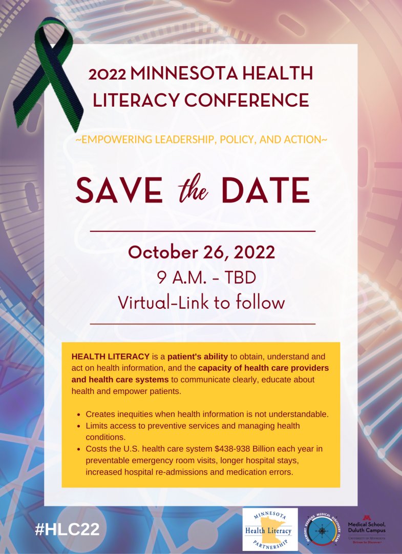 MemoryKeeperMDT's tweet photo. Save the date! Health Literacy Conference Wednesday, October 26, fully virtual. Registration link coming soon! #HealthLiteracy #Conference #HLC22 https://t.co/3LzWpRCTw6
