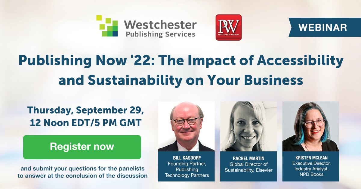 Join us in a little while to hear the panelists discuss #accessibility and #sustainability in #bookpublishing during the #publishingnowfall22 #webinar. There's still time to register for free, here: us06web.zoom.us/webinar/regist…