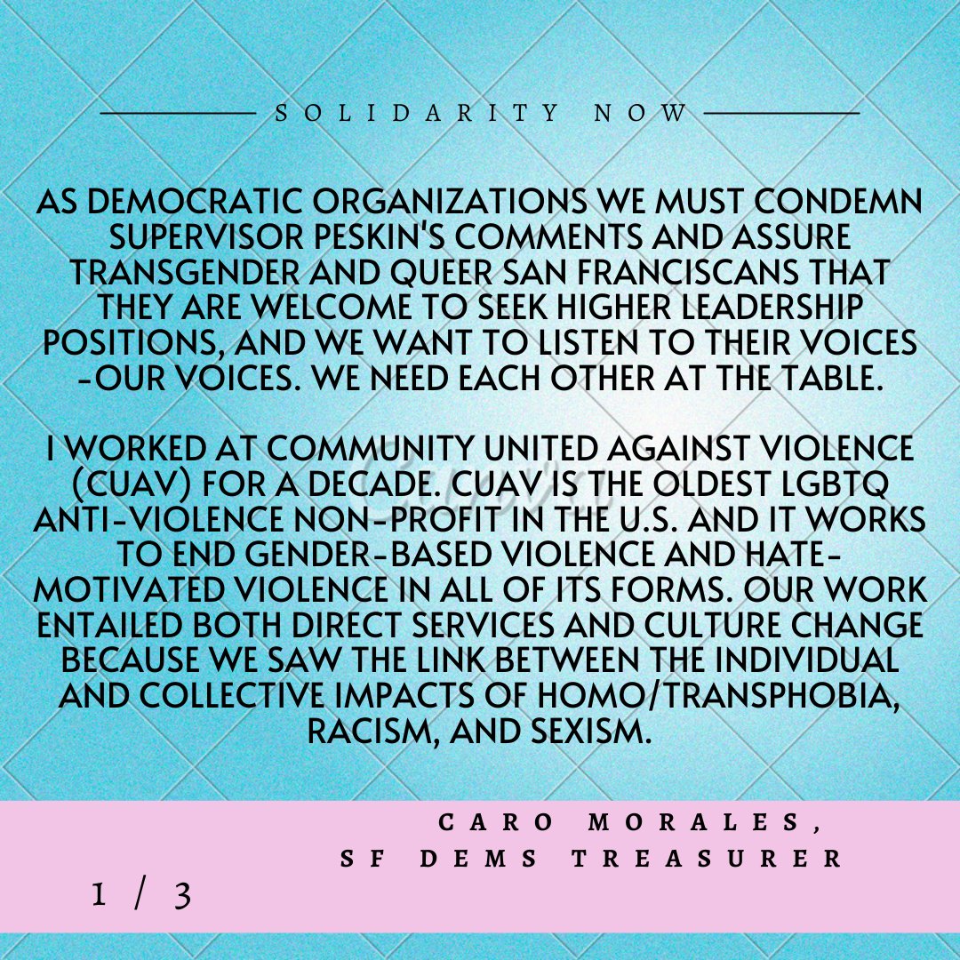 carolucha58's tweet photo. We must stand in solidarity with Trans communities and condem transphobic comments made by a member of the SF Board of Supervisors #unnaceptable #endtransphobia
@harveymilkclub @AliceLGBTQDems https://t.co/tjKGXRrJIg