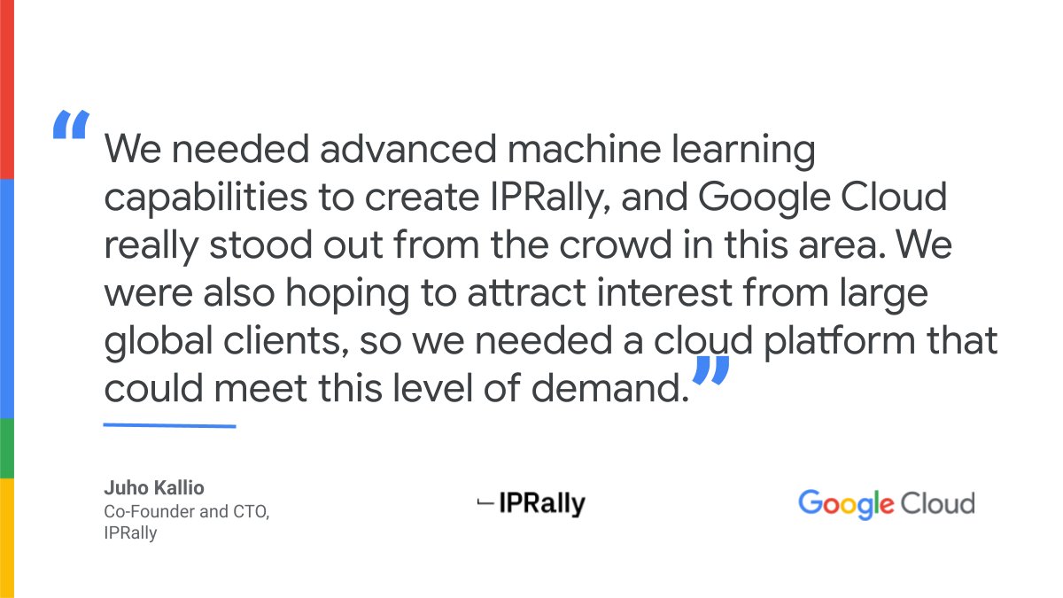 Discover how <a href="/IPRally/">IPRally</a> is leveraging the power of #GoogleCloud to pinpoint patent results more precisely, while highlighting key information to help customers find what they’re looking for quicker and easier → goo.gle/3SMj3g9