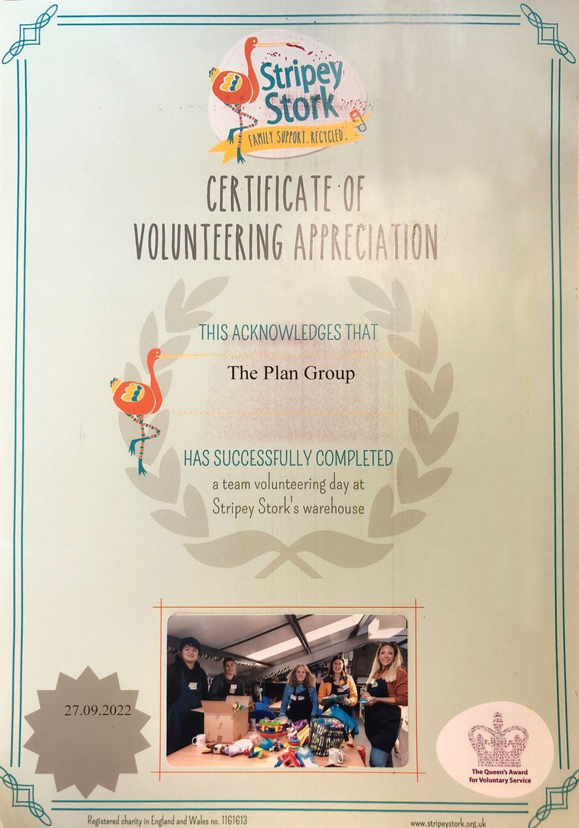 PlanInsurance's tweet photo. Thank you very much to this brilliant group from our offices who took the time yesterday to support @StripeyStork
We really appreciate your efforts and by the look of this wonderful certificate, so do they!๐
#TeamStork #StripeyStork #DonateItems #donatetocharity #reigatecharity https://t.co/W7acfKUrtW