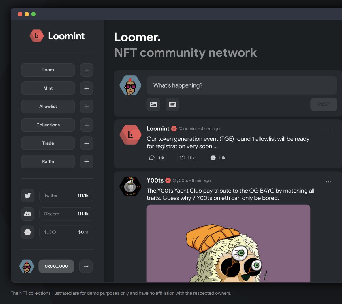 loomint's tweet photo. One of many features.

Loomints very own social network, a dedicated social NFT community.

👋 build your community
💁 claim your @ username
🚀 launch your NFT project
$LOO use #loomint token and earn rewards.

#nft #NFTcolletion #web3 #decentralized #eth #ethereum #crypto #nfts https://t.co/4zCmcD630Q
