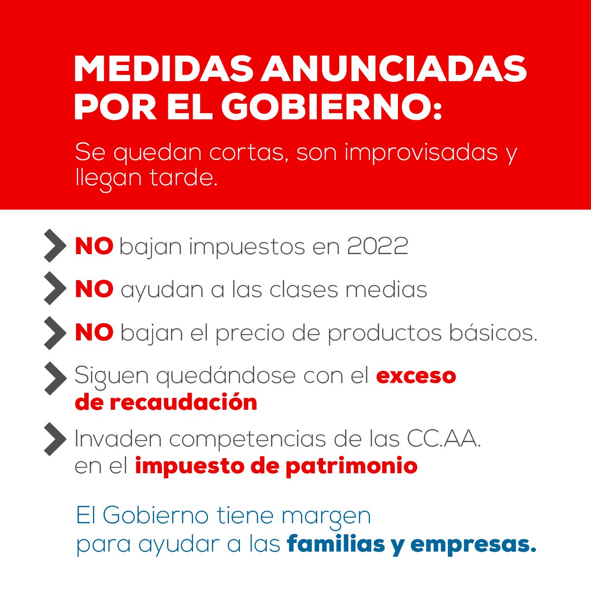 ppopular's tweet photo. 🔴 Además de llegar tarde, las medidas que ha anunciado el Gobierno:

❌ No bajan impuestos este año
❌ No ayudan a las clases medias
❌ No bajan el precio de los productos básicos
❌ Siguen quedándose con el exceso de recaudación
❌ Invaden competencias de las CC.AA. https://t.co/cUZI1f7zsn