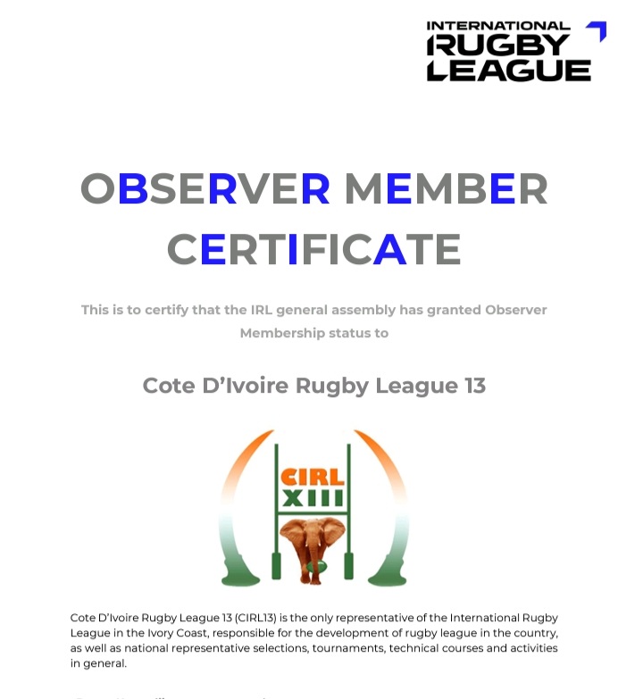 La Côte d'Ivoire est désormais Membre Observateur de la Fédération Internationale de Rugby League