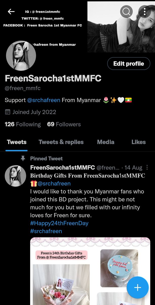 FreenSarochaM's tweet photo. Please follow us on Twitter,Instagram and Facebook naka😍🥰 
We, MYANMAR Fans support Our #srchafreen 🤍 

Twitter @freen_mmfc

 IG @.freen1stmmfc https://t.co/L5Gv1dKe84

Facebook Freen Sarocha 1st Myanmar FC 

Thanks you all so much naka 🤍
Let's support our Freen Together 🥰 https://t.co/aayCDFbDw1