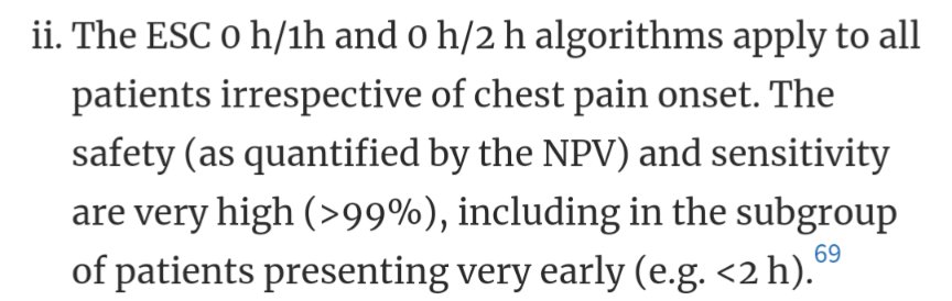 I need some #cardiotwitter / <a href="/acutemedicine/">SAM Online</a> help please

Can someone explain why ESC NSTEMI 2020 mandates 0 and 1hr trop for chest pain regardless of symptom onset?

Why does a trop below the 99th centile (but above limit of detection) >6hr post symptoms no longer 'rule out'?