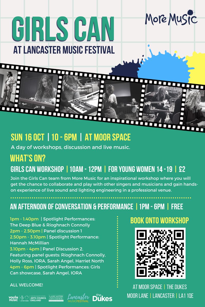 We're excited to announce that, for <a href="/LancsMusicFest/">Lancaster Music Fest</a>, on Sun 16 Oct we'll be running a day of workshops, discussions &amp; live music with Girls Can at Moor Space <a href="/TheDukesTheatre/">The Dukes Lancaster</a> 

Led by <a href="/rachelcarpediem/">rachel parsons</a>, <a href="/SARAHANGELSTYLE/">SARAH ANGEL</a>, <a href="/IORAmusic/">ioramusic</a> and Harriet North.

moremusic.org.uk/whats-on/more-…