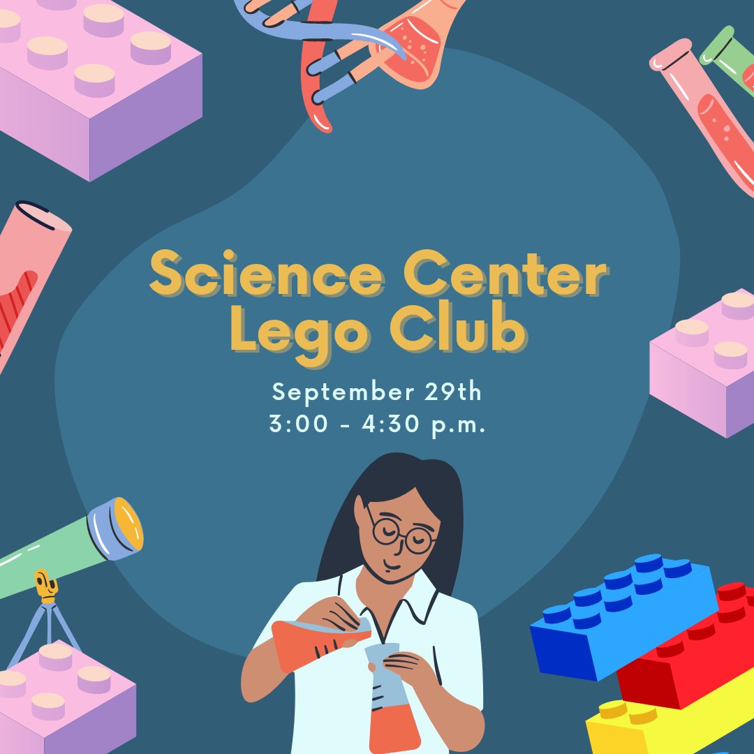 ScienceCentersi's tweet photo. The Science Center is open from 11am to 5pm. At 3pm we will have Lego Club! Lego Club is free with admission to TSC. Come in and show us what you can build.

#tsckids #sciencerules #carbondaleil #southernillinois https://t.co/ZCzzbkIMhd