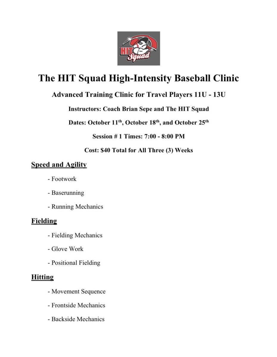 theldbhitsquad's tweet photo. *SEE INFO BELOW*
Please join Coach Sepe and the HIT Squad for our high intensity baseball clinic coming up STARTING OCTOBER 11TH. Coach Sepe is a former college baseball player, currently the Lancaster modified coach, with years of travel/ Legion baseball coaching experience. https://t.co/BHndqBUwUQ